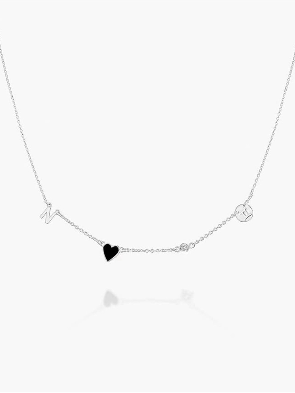 Sterling Silver Necklace with Black Heart and Letter “W”